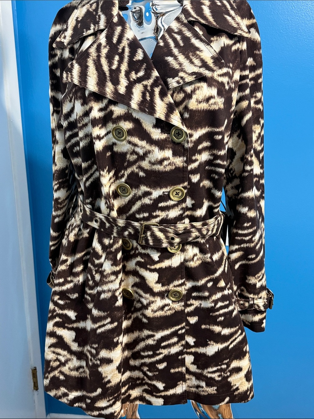 Vintage Michael Kors Brown & Cream Printed Double-Breasted Trench Coat L